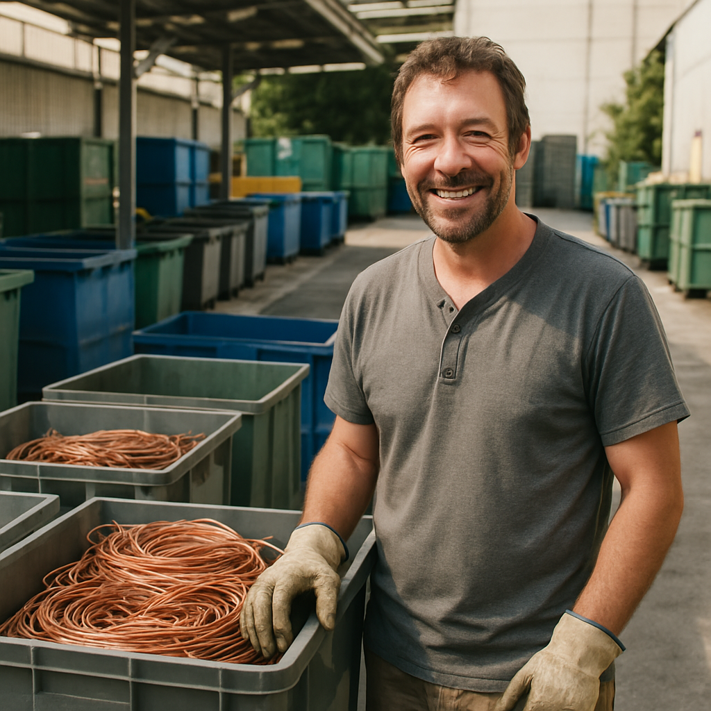 Scrapper with Cleaned Copper Wire Smiling scrapper with bins full of cleaned, sorted copper wire at a recycling center