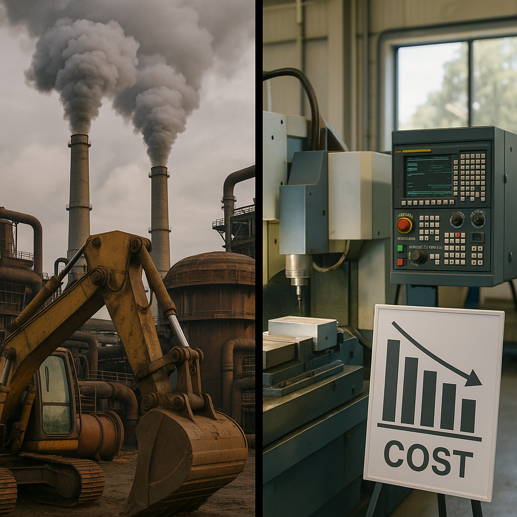 Pollution vs Efficiency in Metal Processing A split scene contrasting polluting smokestacks and heavy equipment with efficient, clean processing of lighter metals and cost-saving bar graphs.
