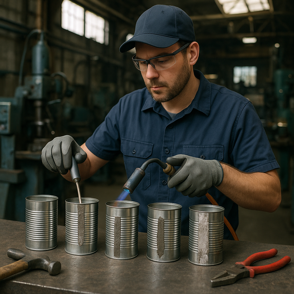 Technician Demonstrating De-tinning Methods on Steel Cans Close-up of steel cans lined up on an industrial worktable, with a technician demonstrating different de-tinning methods using tools.