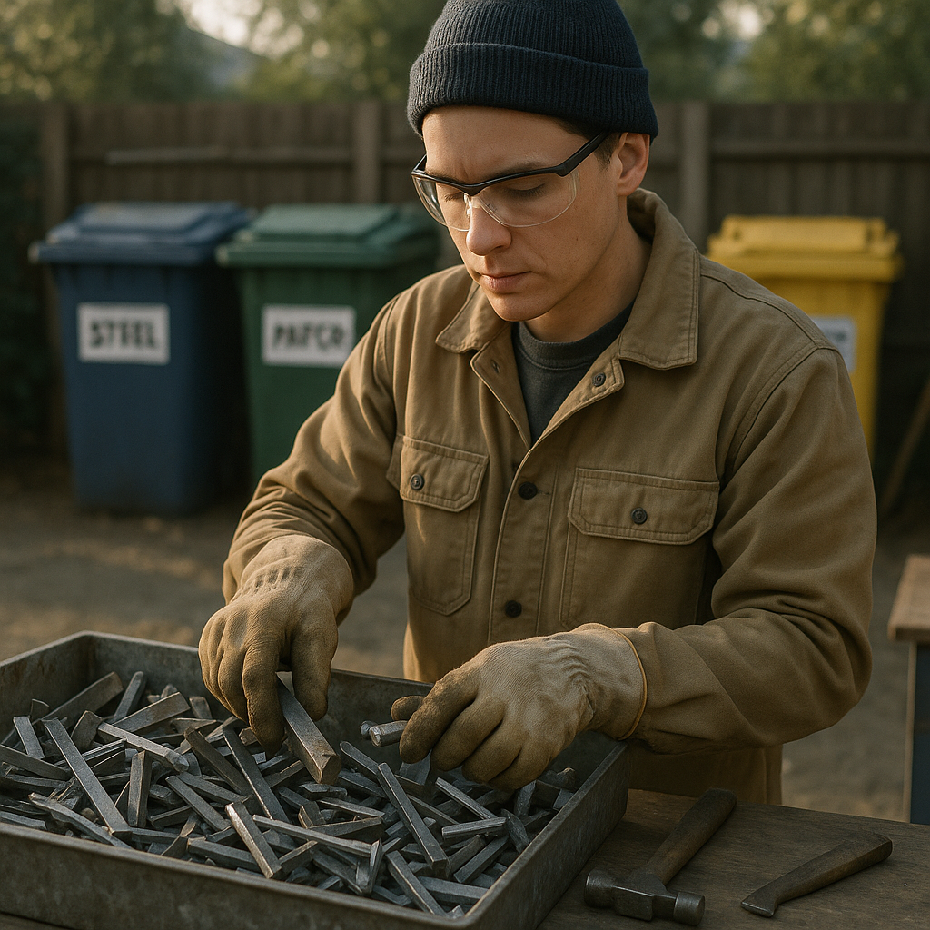 Sorting Steel Scraps at Recycling Station A person carefully sorting steel scraps at a recycling station, ensuring clear separation of clean steel pieces.