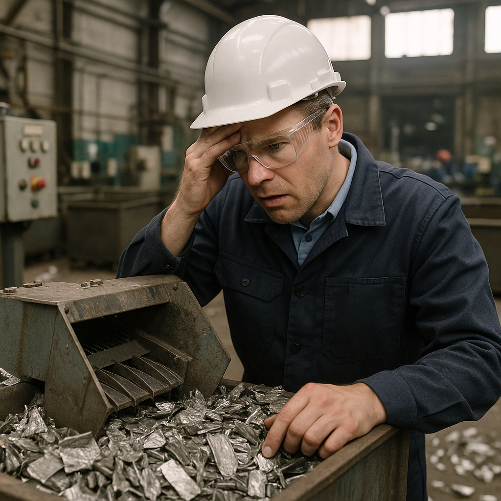 Factory Manager Inspecting Broken Sorting Machine Stressed factory manager inspecting a broken sorting machine surrounded by scattered metal scrap in a recycling plant.