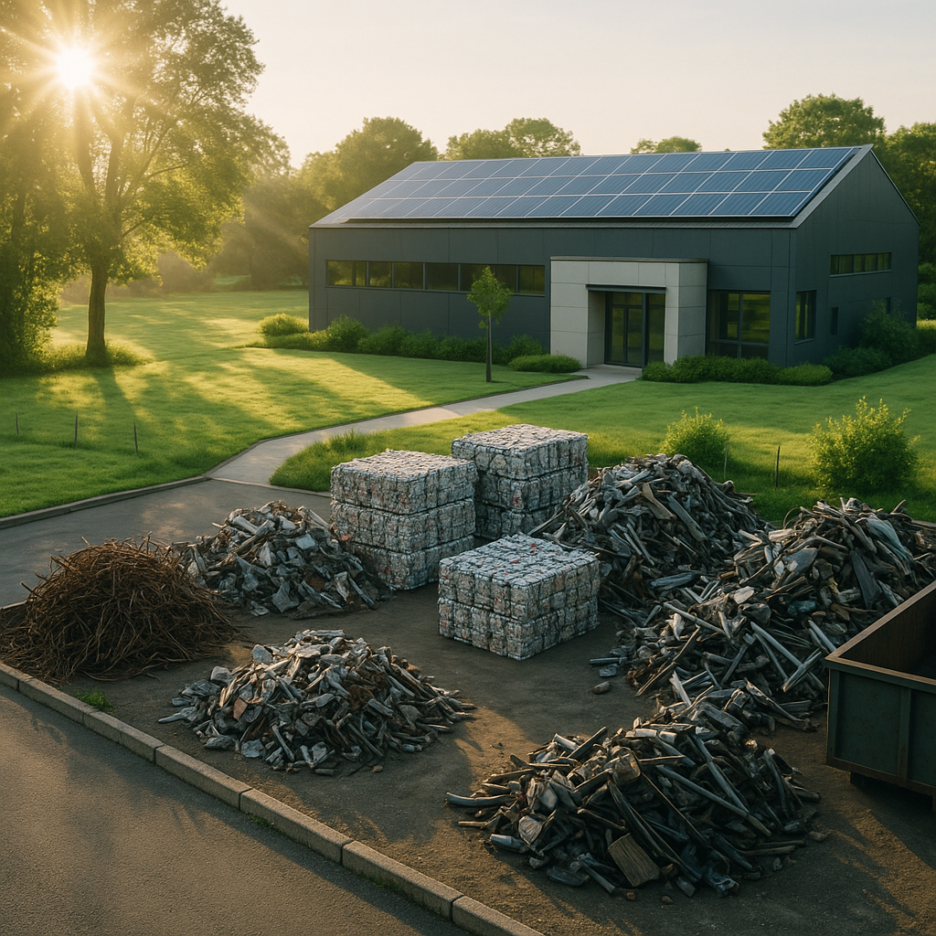 Sustainable Facility with Solar Panels Sunlight breaking over a facility with green landscaping and solar panels, with a clean scrap yard in the foreground, symbolizing sustainability.