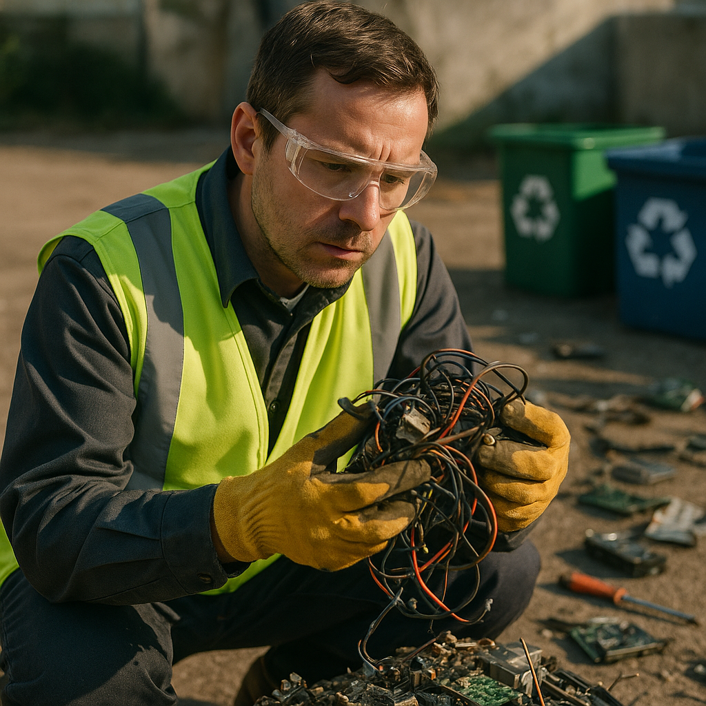 Technician Inspecting Electronic Scrap A recycling technician examining a pile of tangled electronic scrap with concern, highlighting difficult-to-separate components.