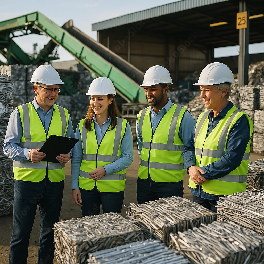 Inspectors Reviewing Sorted Metal in Recycling Facility Team of inspectors in safety gear reviewing high-quality sorted metal piles in a well-organized recycling facility, displaying satisfied expressions.