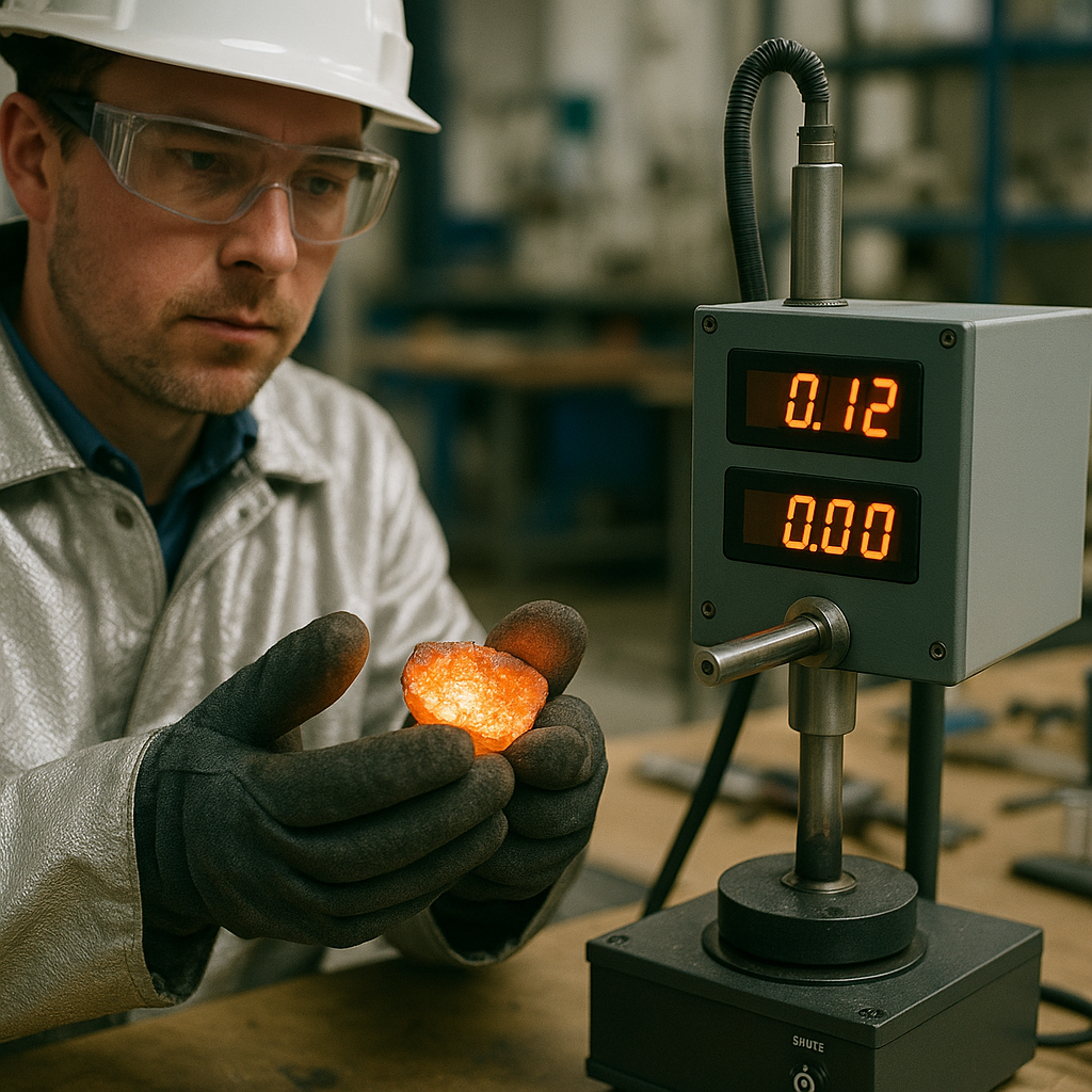 Technician in protective gear analyzing molten metal sample with equipment measuring gas content