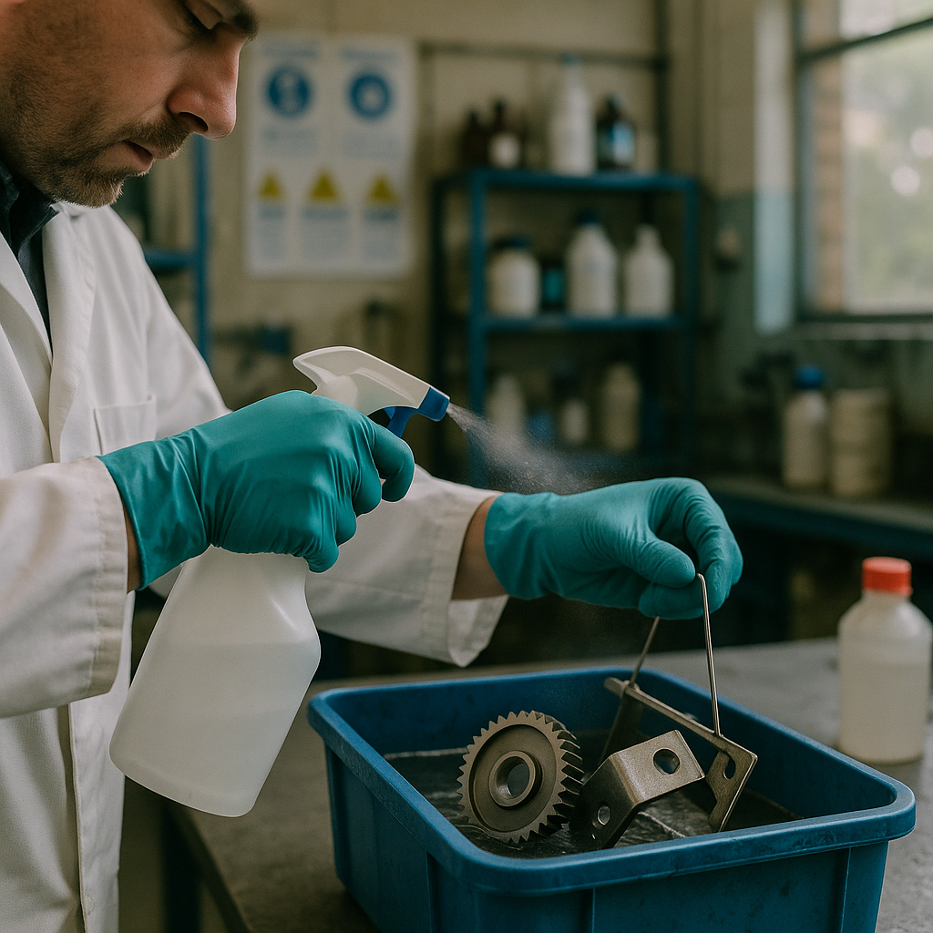 Chemical Cleaning of Metal Parts Technician in protective gloves spraying or dipping metal parts into a chemical cleaning solution in a laboratory or recycling plant setting.