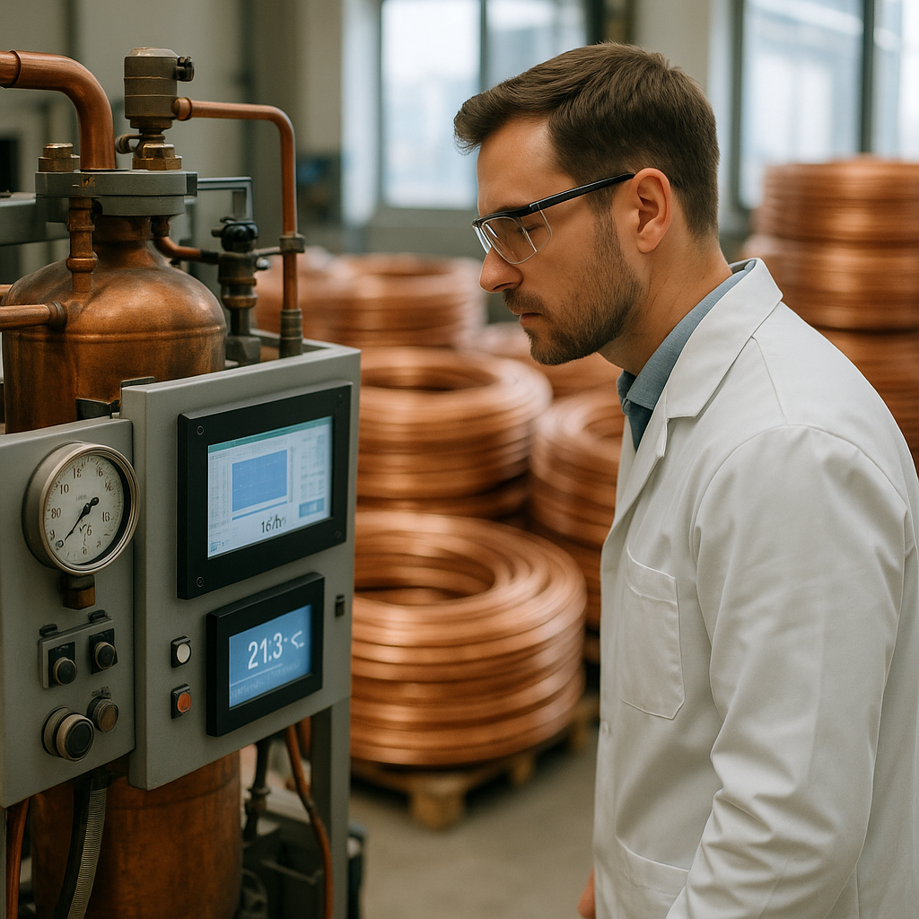 Technician examining advanced copper refining equipment with digital screens and recycled copper coils in the background