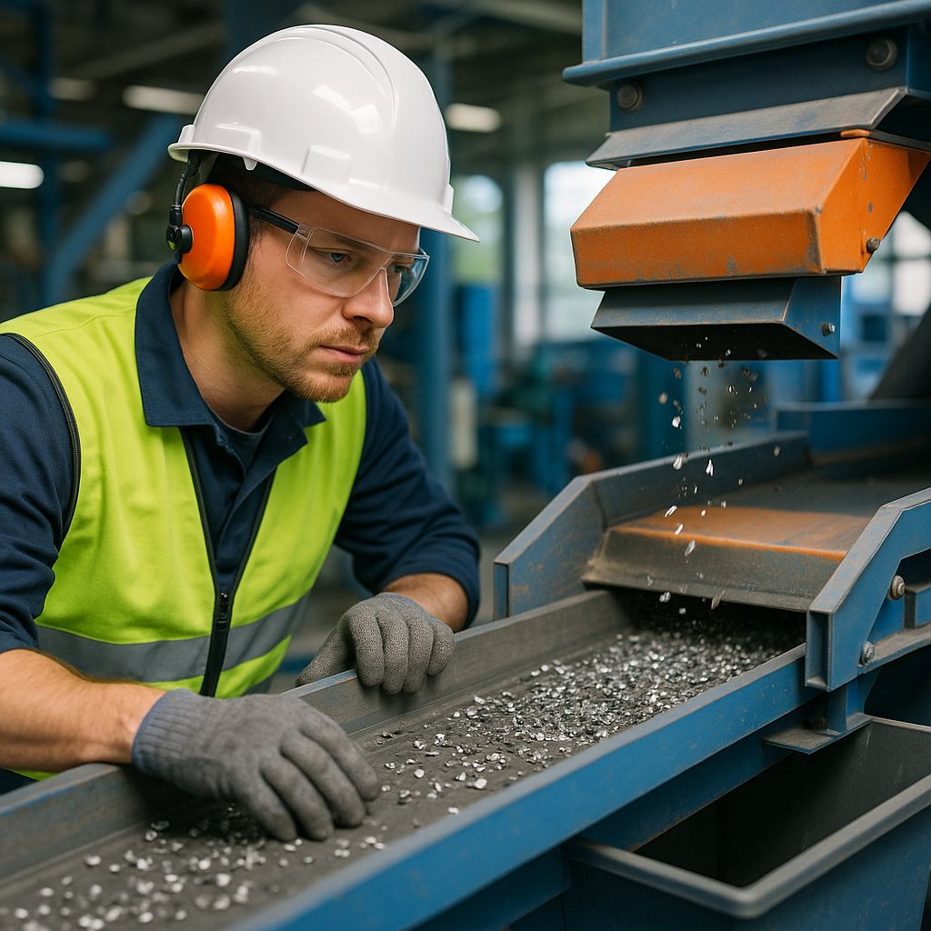 Technician Monitoring Eddy Current Separator in Recycling Plant Close-up of technician monitoring a vibrating conveyor with metal scraps and an eddy current separator in a recycling plant.