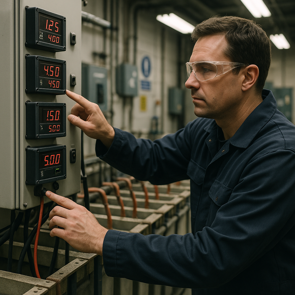 Technician Monitoring Electrowinning Cells Technician monitoring digital gauges and meters connected to electrowinning cells, adjusting current and temperature in a modern industrial setting.