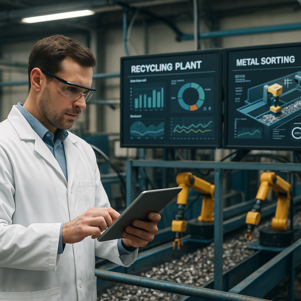 Technician Monitoring Automated Sorting in Recycling Plant Technician monitoring digital screens and automated sorting robots in a modern metal recycling plant using a tablet.