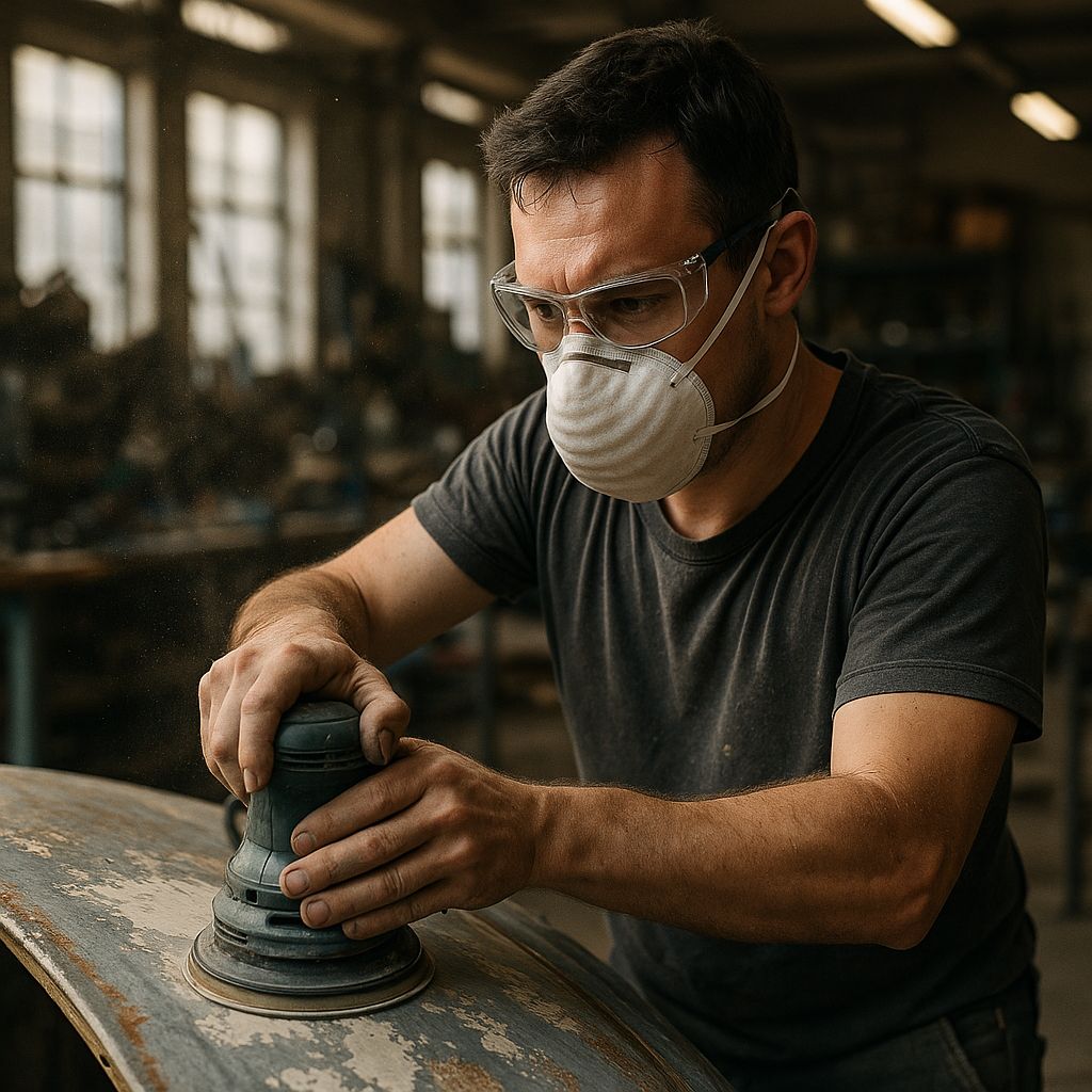 Technician Stripping Paint with Power Sander Technician using a power sander to strip old paint from a metal surface in a workshop with dust particles in the air.