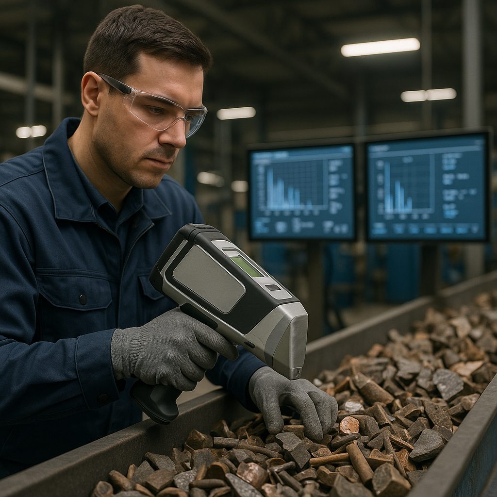 Technician Scanning Sensors Over Scrap Metals Technician operating advanced scanning sensors over assorted scrap metals with clear display screens showing analysis results.