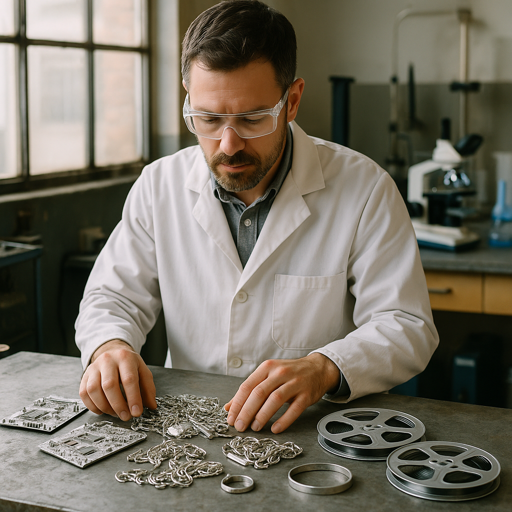 Sorting Silver Scrap in Workshop A technician sorts various silver scrap items including circuit boards, jewelry, and film reels on a metal worktable in a workshop filled with laboratory equipment.