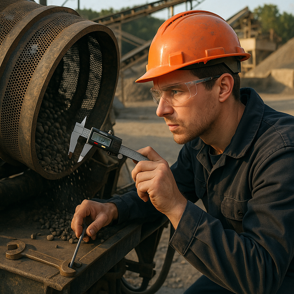 Technician Inspecting Trommel Screen Machine Technician inspecting a working trommel screen machine, measuring equipment and material flow, with focused expression and industrial background.