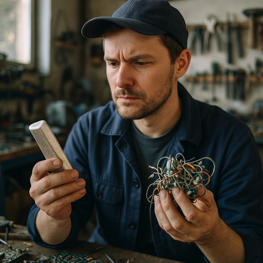 Technician with Silver Bar and Electronic Scrap Close-up of technician holding processed silver bar in left hand and tangled electronic scrap in right hand, looking thoughtful with a workshop background.