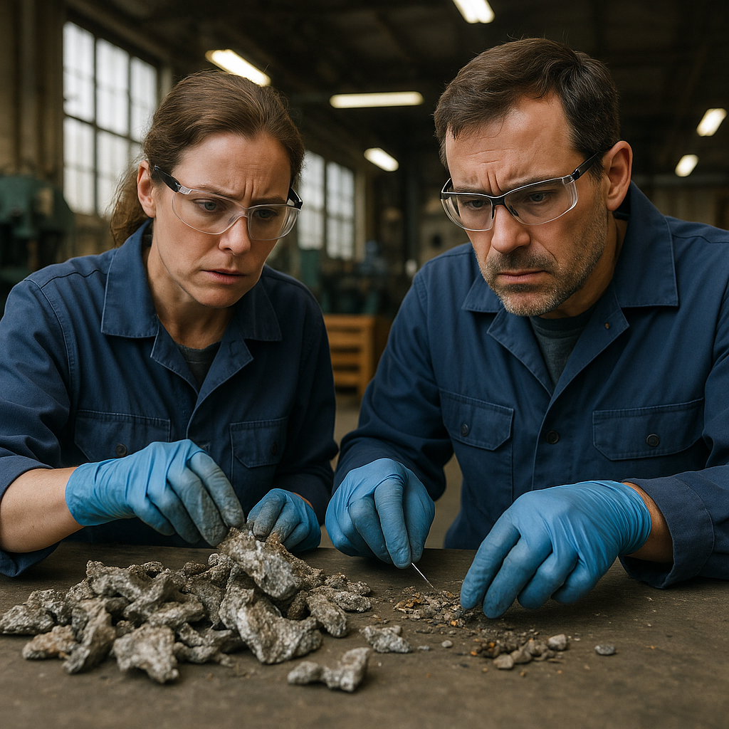 Examination of Corroded Magnesium Scrap Technicians examining corroded magnesium scrap and sorting impurities on a workbench, displaying concerned expressions in an industrial setting.