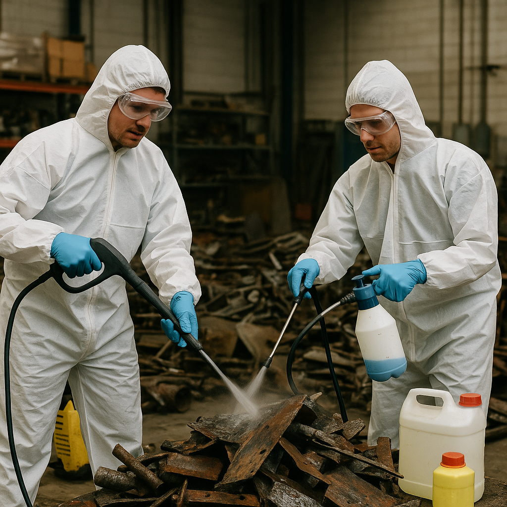 Technicians using high-pressure washing and chemical cleaning equipment on scrap metal in a warehouse.