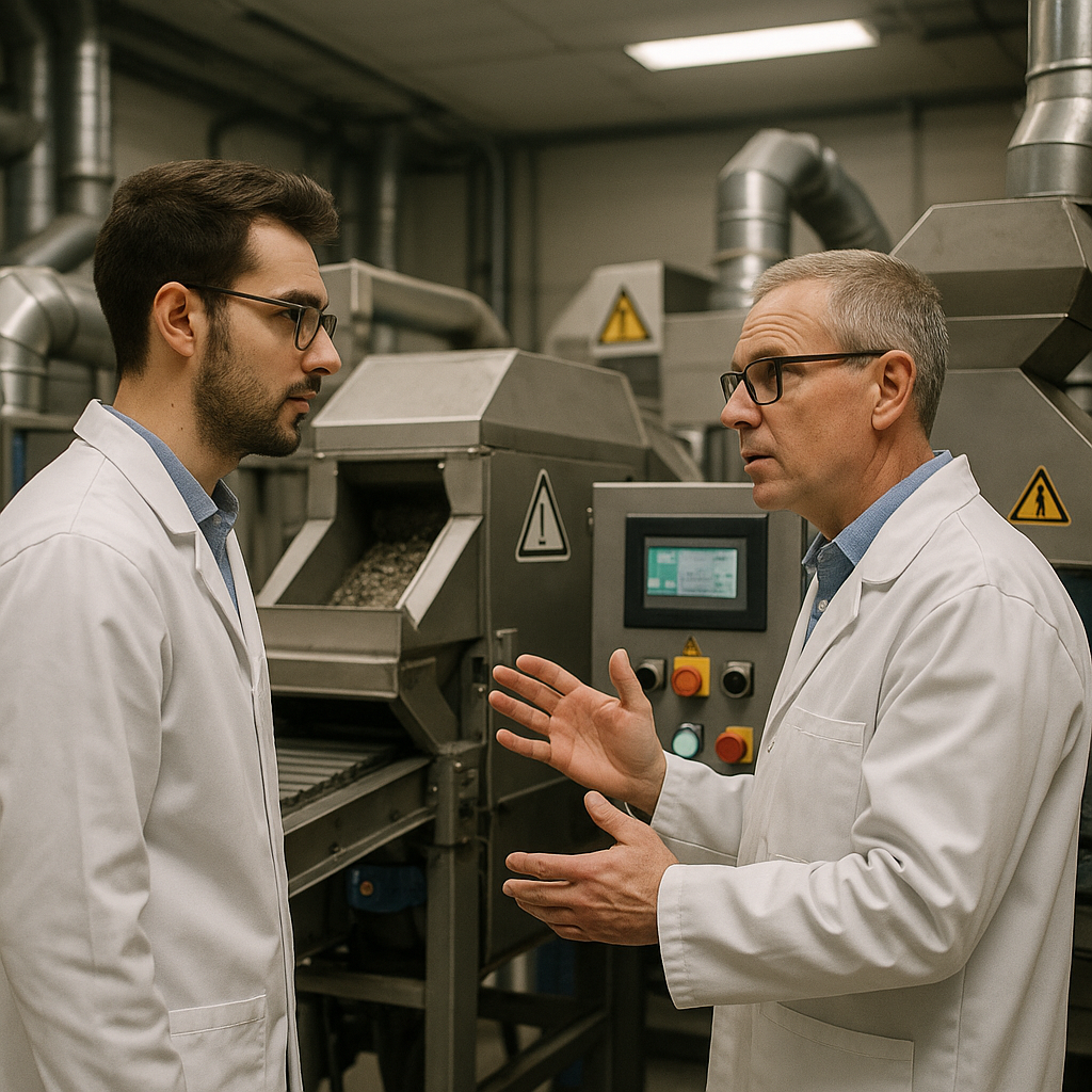 Technicians in lab coats examining modern metal recovery equipment in a well-lit industrial facility.