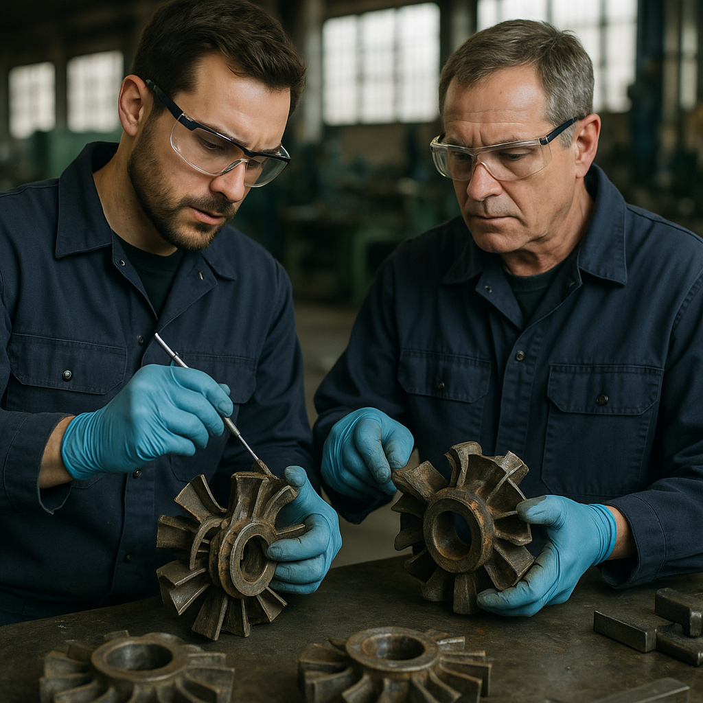 Examining Corroded Superalloy Parts Technicians examining superalloy parts showing corrosion and wear in a factory setting.