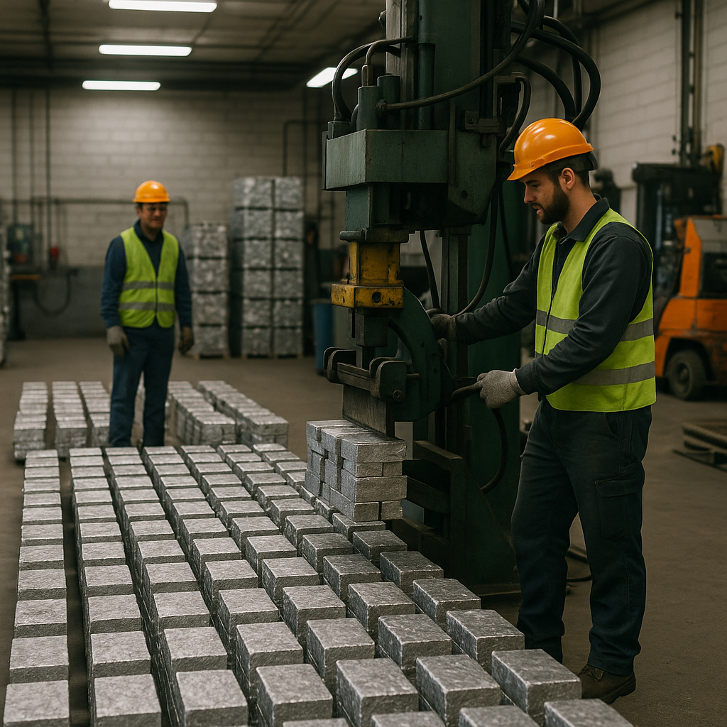 Orderly rows of sorted, clean metal blocks in a recycling warehouse with workers using machinery.