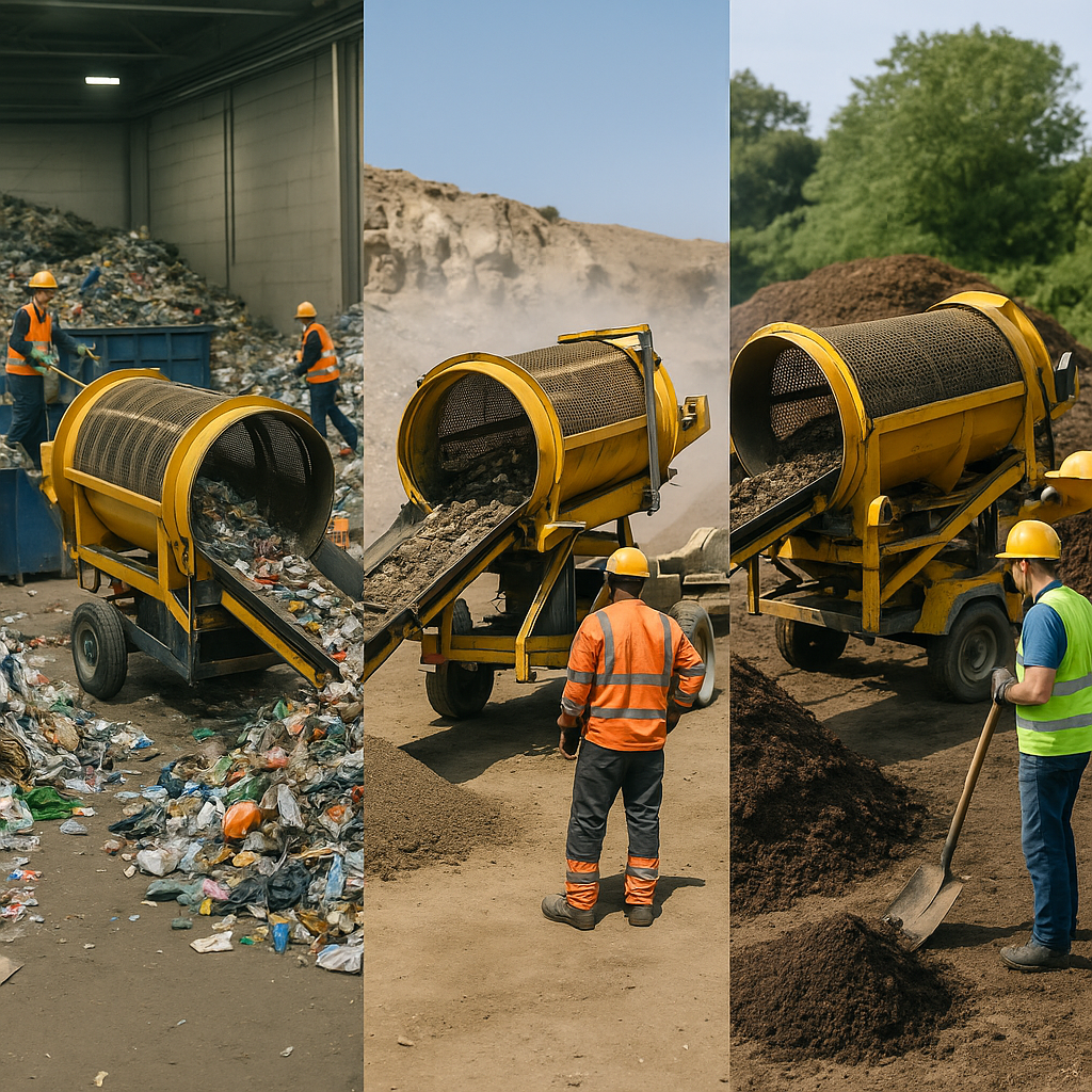 Trommel Screens in Waste Management A montage scene showing trommel screens being used in various environments such as waste recycling, mining, and compost sorting.