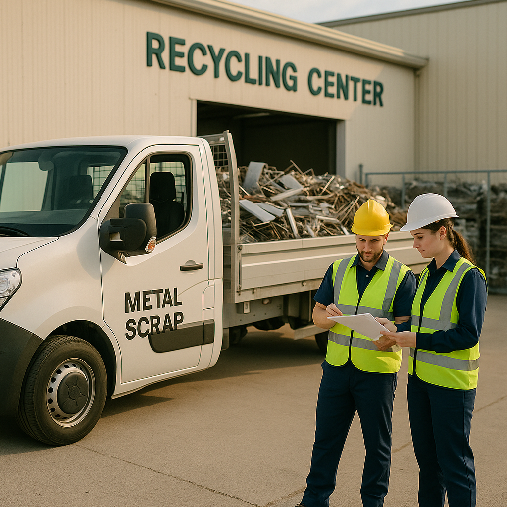 Truck Delivering Metal Scrap to Recycling Center Truck delivering labeled metal scrap to a recycling center with staff checking paperwork.