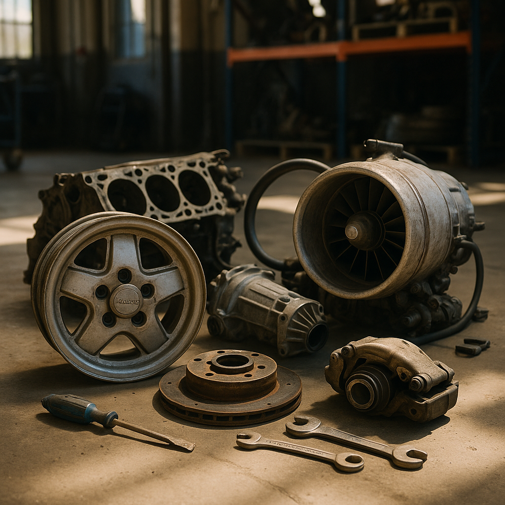 Used Car and Airplane Parts in a Warehouse Collection of used car and airplane parts with visible magnesium components on a warehouse floor, sunlight streaming through large windows.