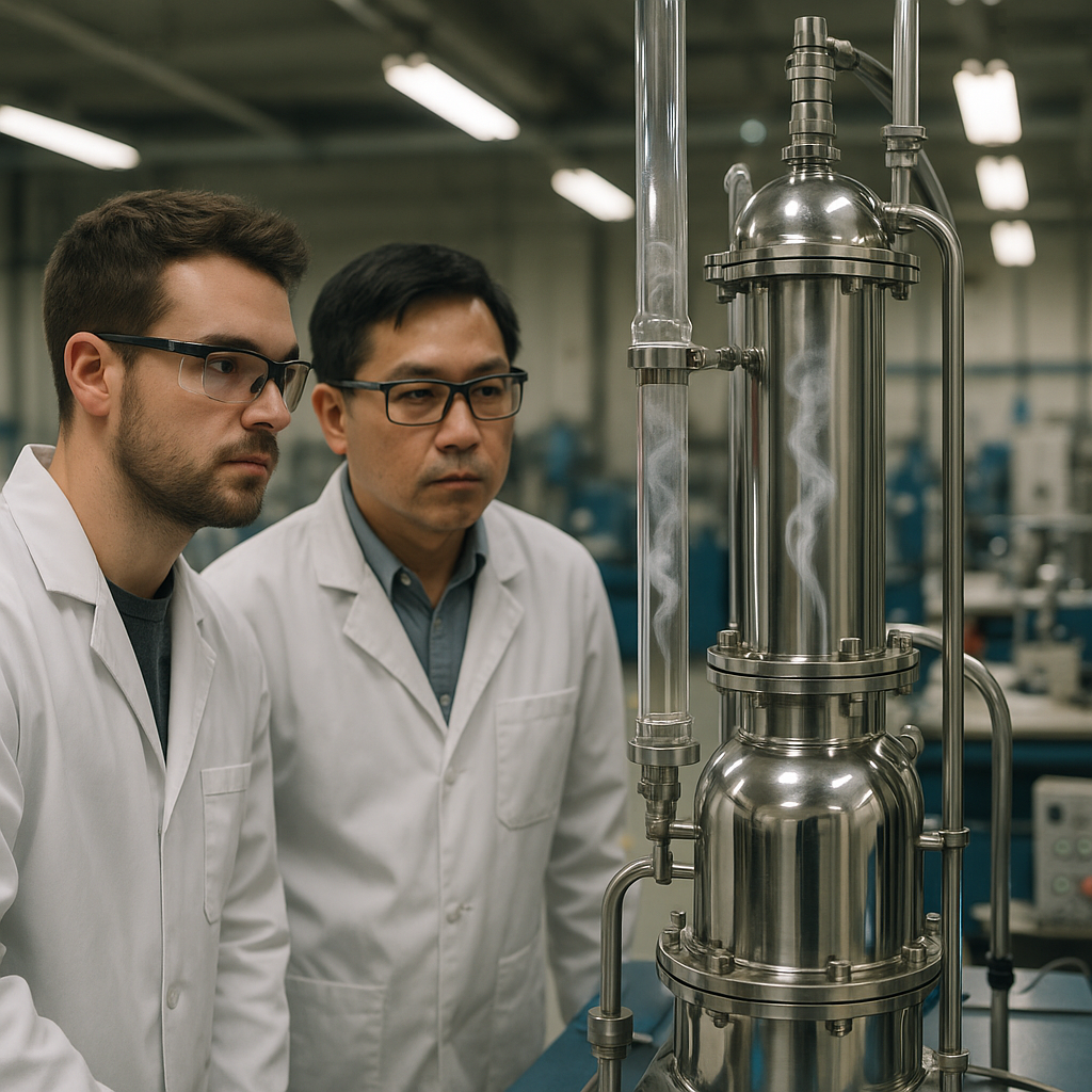 Monitoring Vacuum Distillation Apparatus in Lab Technicians monitoring a stainless steel vacuum distillation apparatus in an industrial lab with vapor visible in glass tubes and metal chambers.