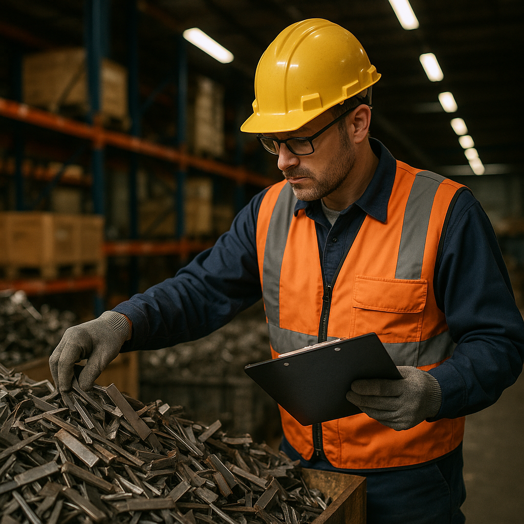 Warehouse Worker Organizing Metal Scraps Warehouse worker in safety gear organizing piles of metal scraps while reviewing checklists on a clipboard in a well-lit industrial setting.