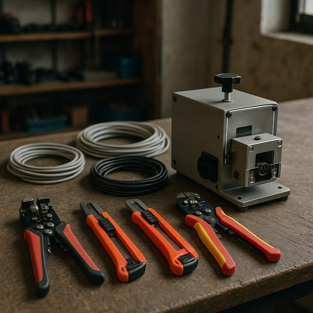 Wire Strippers and Tools on Workbench Assortment of wire strippers, utility knives, and a compact wire stripping machine on a workbench with coiled wires in a workshop environment
