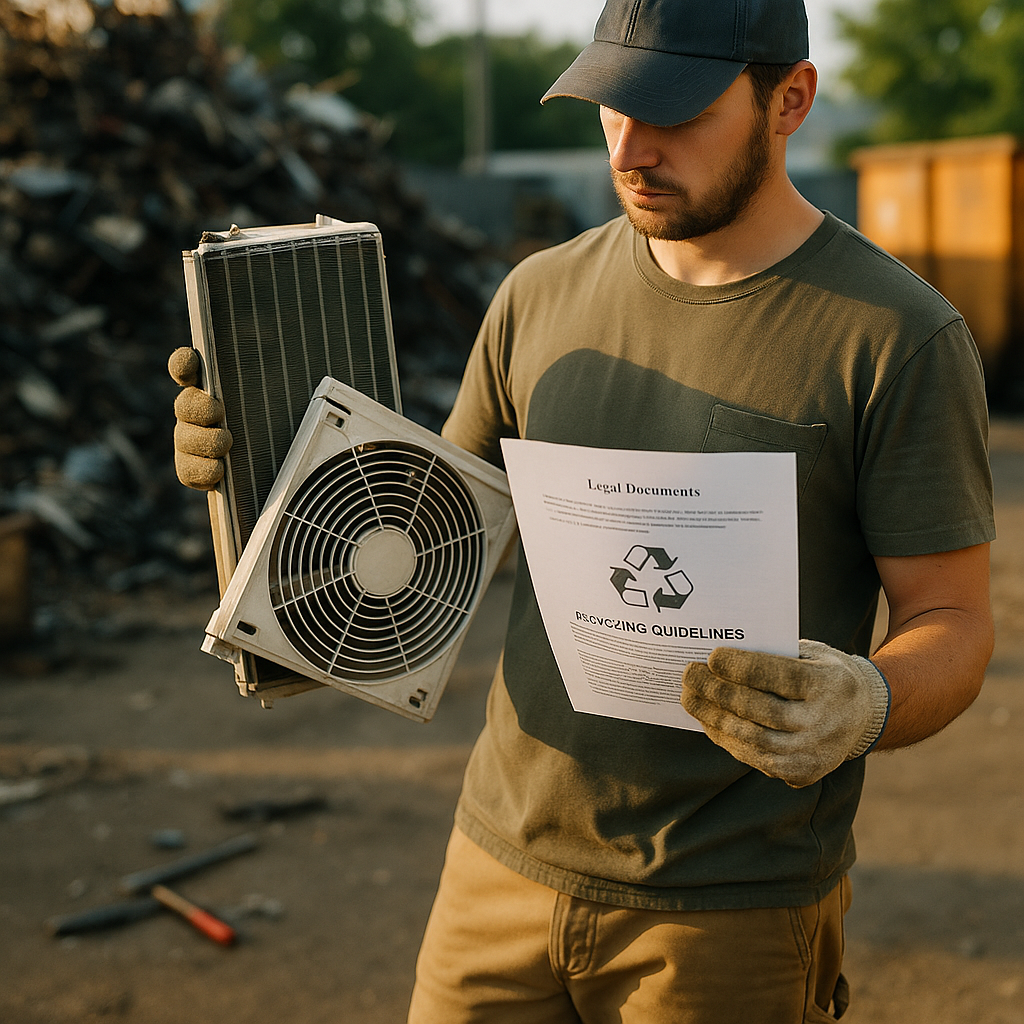 Worker Reviewing Recycling Guidelines Worker in gloves holding air conditioner parts while reviewing legal paperwork and recycling guidelines at a scrap yard