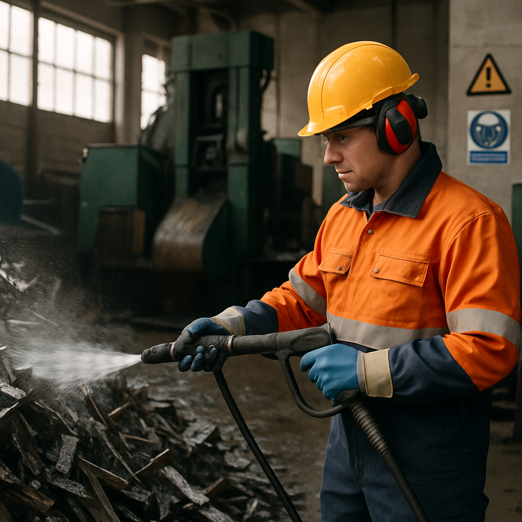 High-Pressure Cleaning in Recycling Facility Worker wearing gloves and safety gear using high-pressure water to clean dirty metal scraps in an industrial recycling facility.