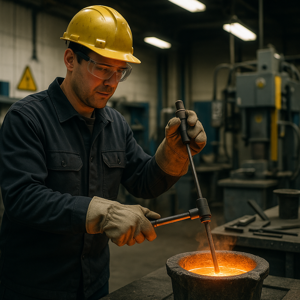 Worker performing careful degassing process with specialized tool over a glowing crucible of molten metal in a clean foundry environment.