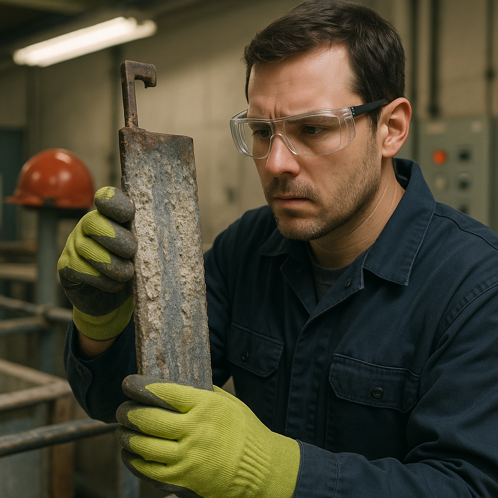 Examining Electrode Surface Buildup in Electrowinning Cell Worker examining electrode surface buildup inside electrowinning cell, showing signs of corrosion and deposit issues, wearing safety gloves and goggles with a cautious expression.