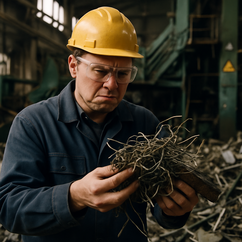 Worker at Recycling Plant Worker frowning while examining tangled, mixed metal scraps in a cluttered recycling plant with complex machinery.