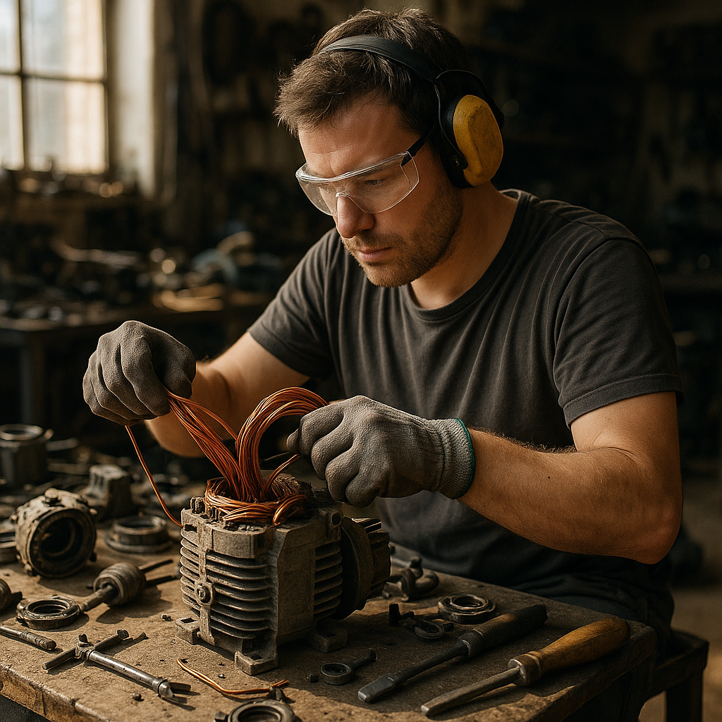 Worker Extracting Copper Wire from Appliance Worker extracting thick copper wire from inside an old appliance in a garage setting.