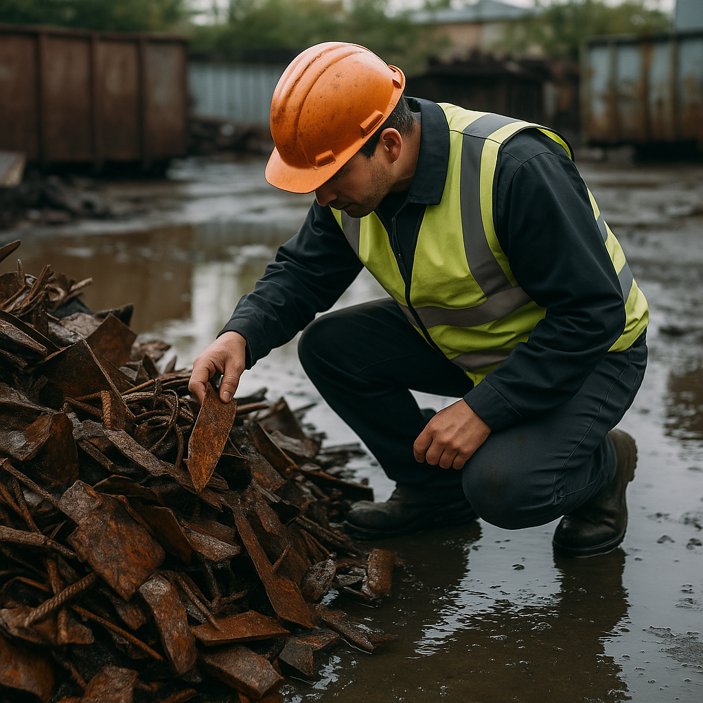 Inspection of Rusty Scrap Metal in Industrial Yard Worker in safety gear inspecting wet, rusty scrap metal in an industrial yard with puddles.