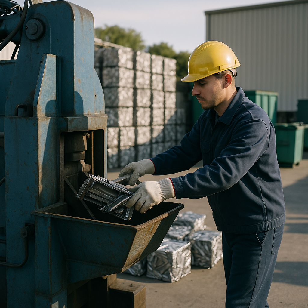 Worker Loading Metal into Scrap Shear Machine Worker loading metal into a scrap shear machine with neat piles of compacted metal in the background in an efficient and clean facility.