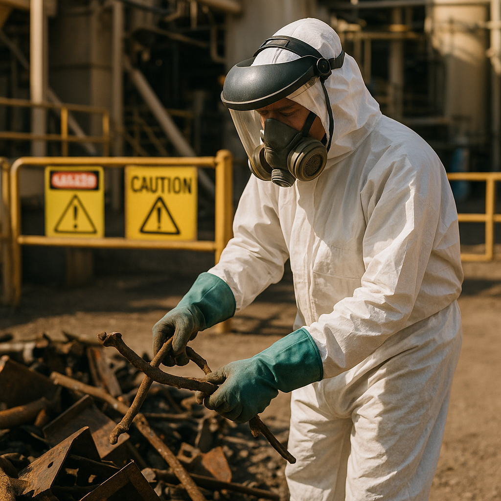 Worker in a protective suit, gloves, face shield, and respirator handling scrap metal near caution signs in an industrial facility.