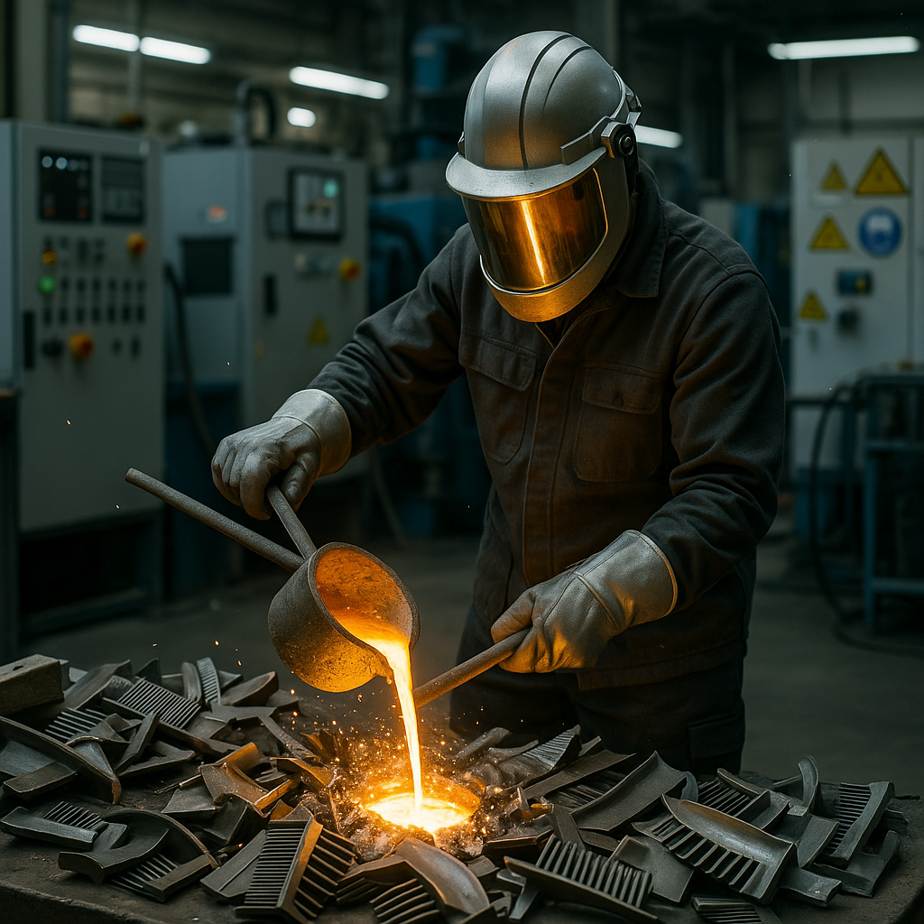 High-Tech Metal Recycling Worker in protective gear melting and separating metal scraps from dismantled turbine blades in a high-tech recycling plant with glowing molten metal.