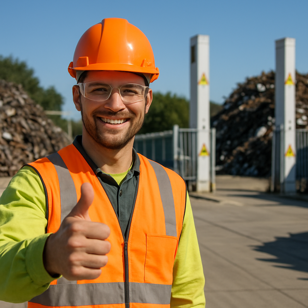 Worker in Safety Gear at Scrap Yard Worker in safety gear giving a thumbs up near a clean, organized scrap yard with radiation detectors at the entrance gate under a clear blue sky.