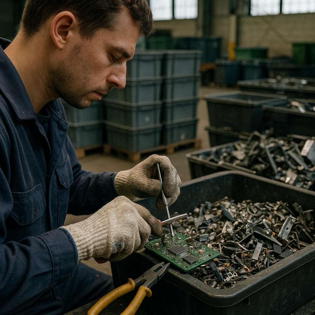 Worker Sorting Electronic Components Worker wearing protective gloves sorting electronic components and extracting small metal parts at a recycling facility.
