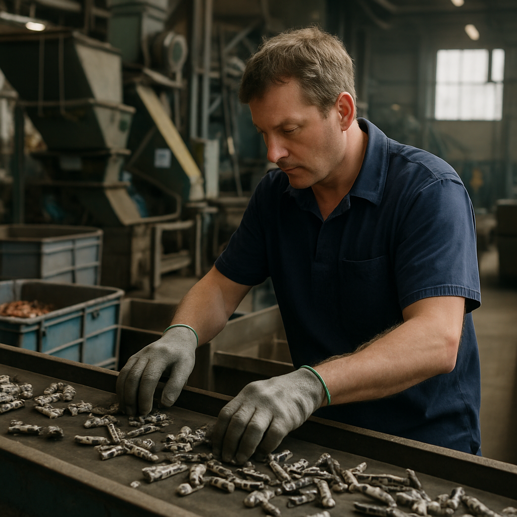 Worker Sorting Metal at Recycling Facility Worker wearing gloves sorting metal pieces on a conveyor belt at a recycling facility, with machinery in background.