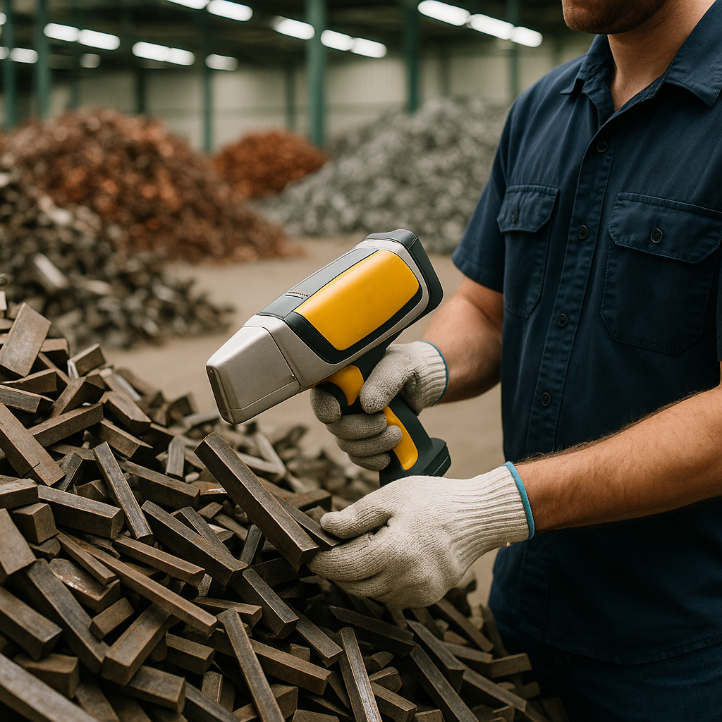 Worker Testing Steel Scraps in Recycling Facility A worker wearing protective gloves uses a handheld analyzer to test and sort steel scraps in a well-lit recycling facility, with piles of different metal types in the background.