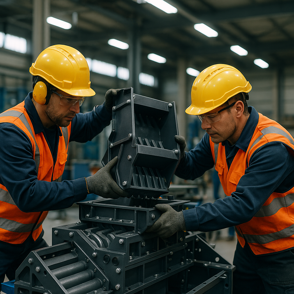 Assembly of Modular Metal Recycling Machinery Close-up of workers assembling modular metal recycling machinery in a modern industrial warehouse, showcasing large metal parts and safety gear under bright overhead lights.