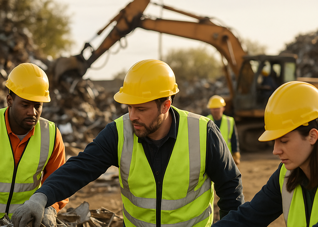 Workers in safety vests and helmets inspecting and sorting metal scrap at a busy recycling facility with machinery moving metal in the background.