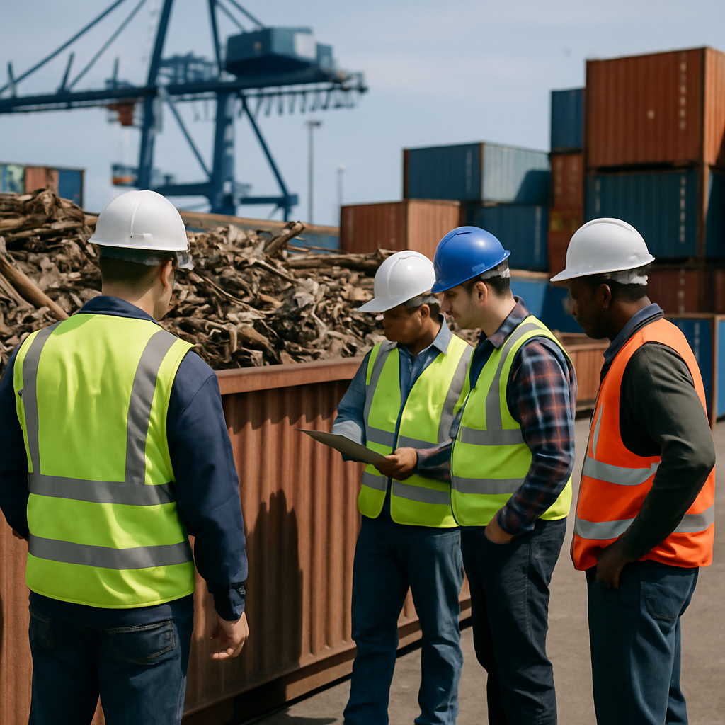 Workers in safety gear inspecting large shipping containers filled with scrap metal at a busy port, with cranes and stacked containers in the background under a clear sky.