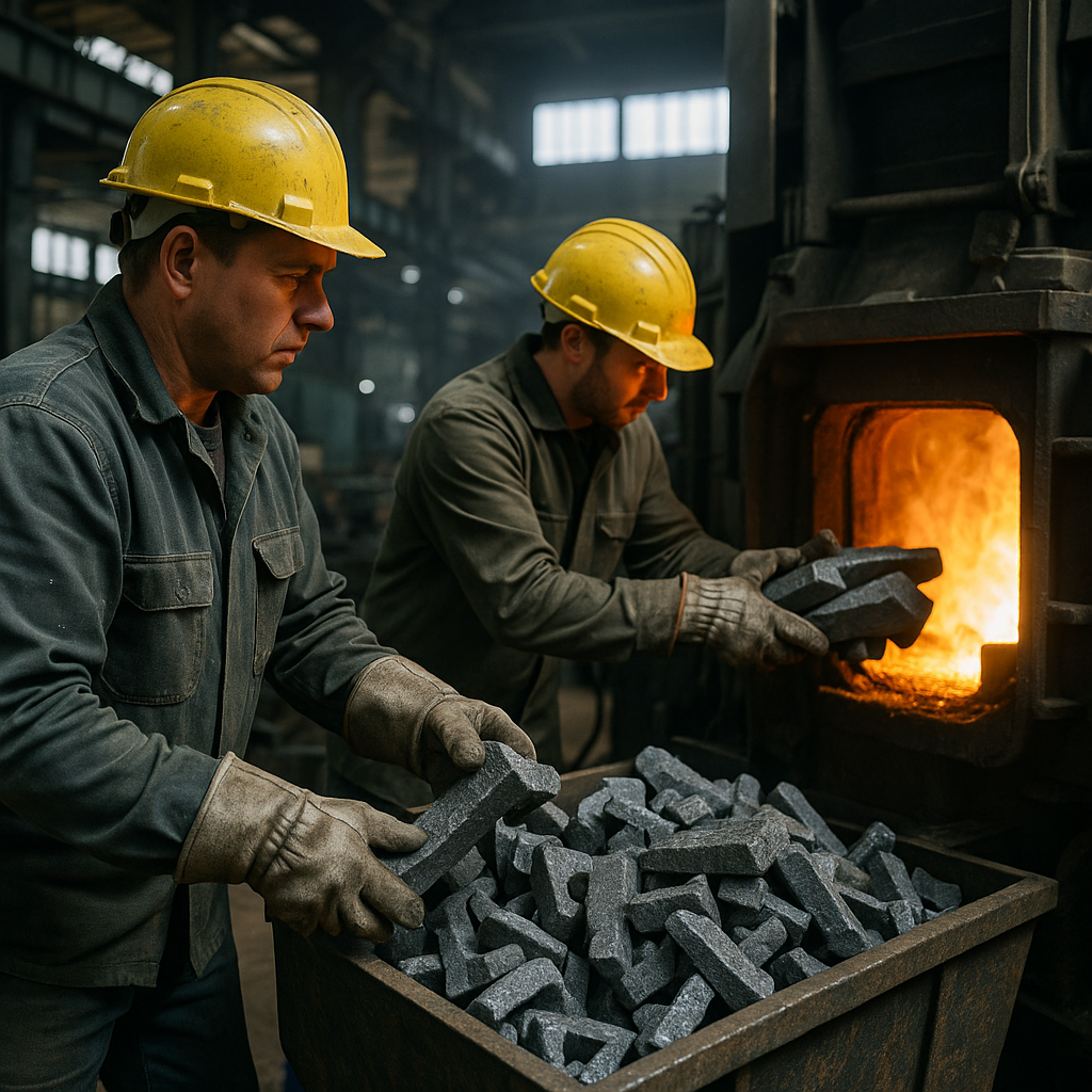 Workers in safety gear loading cast iron scrap into an industrial furnace at a metal recycling plant, with glowing molten metal in the background.