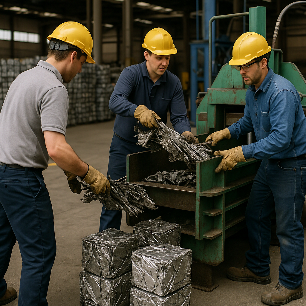 Workers loading scrap metal into a baler with compacted metal blocks stacked neatly nearby in an organized and efficient recycling facility with natural lighting.