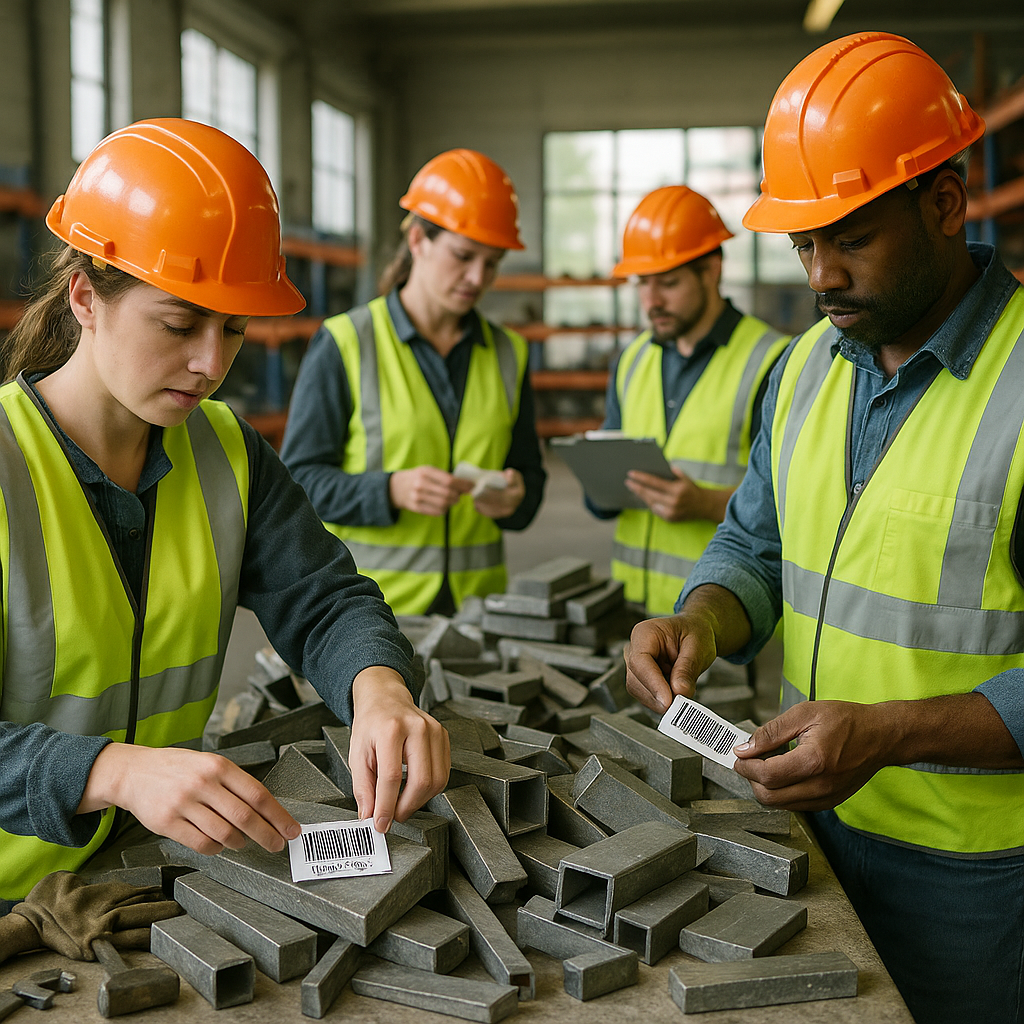 Workers Organizing Metal Scraps Team of workers in safety vests and hard hats organizing metal scraps with barcodes in a well-organized storage facility.